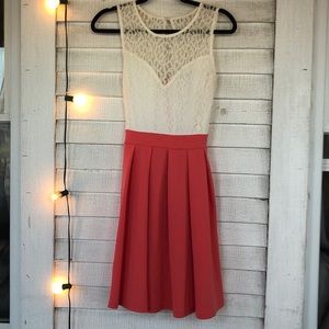 Suzy Shier Cream Lace and Coral Dress
